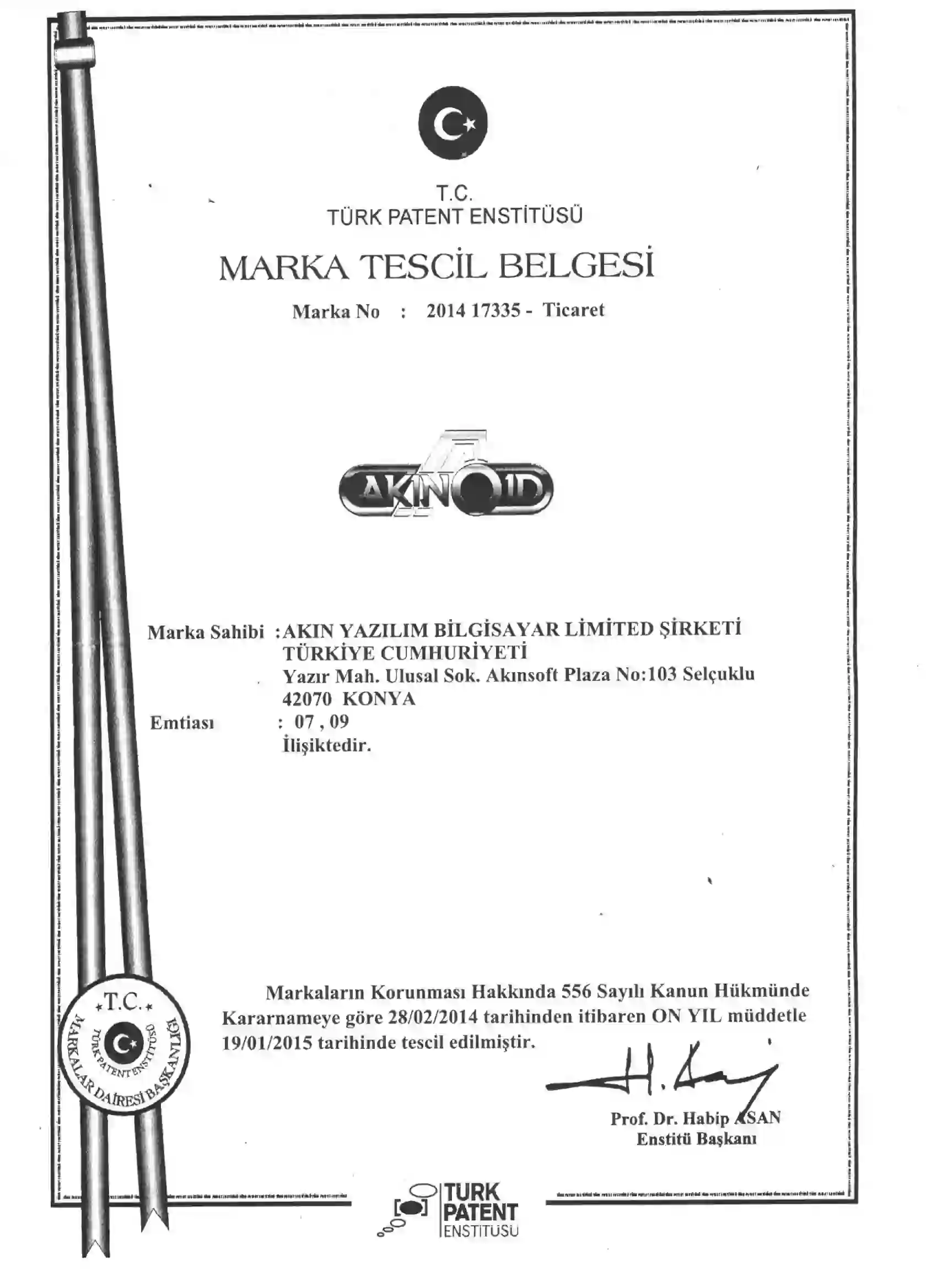 AKINOIDTrademark Registration Certificate