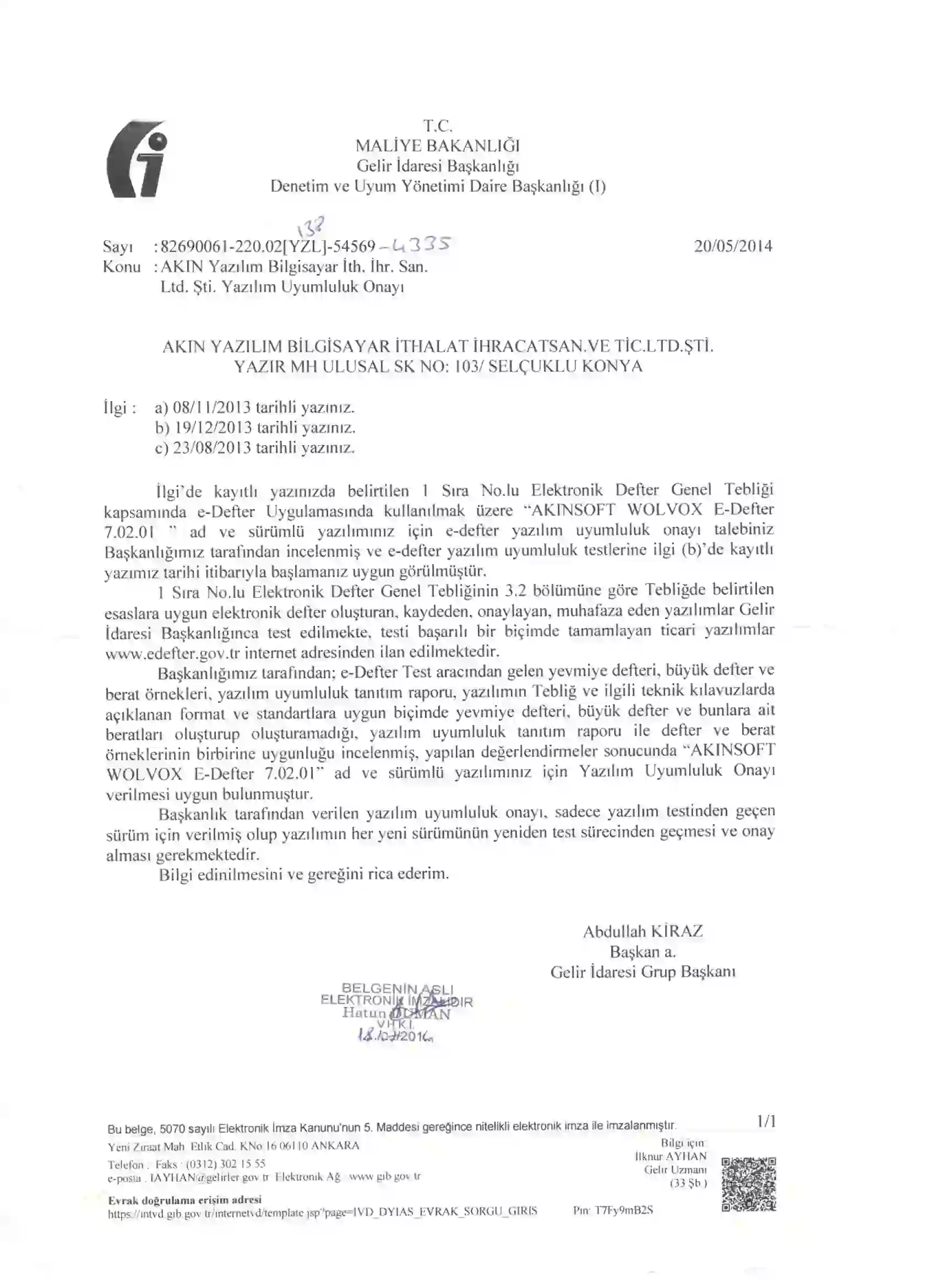 AKINSOFT WOLVOX E-Ledger Conformity Certificate