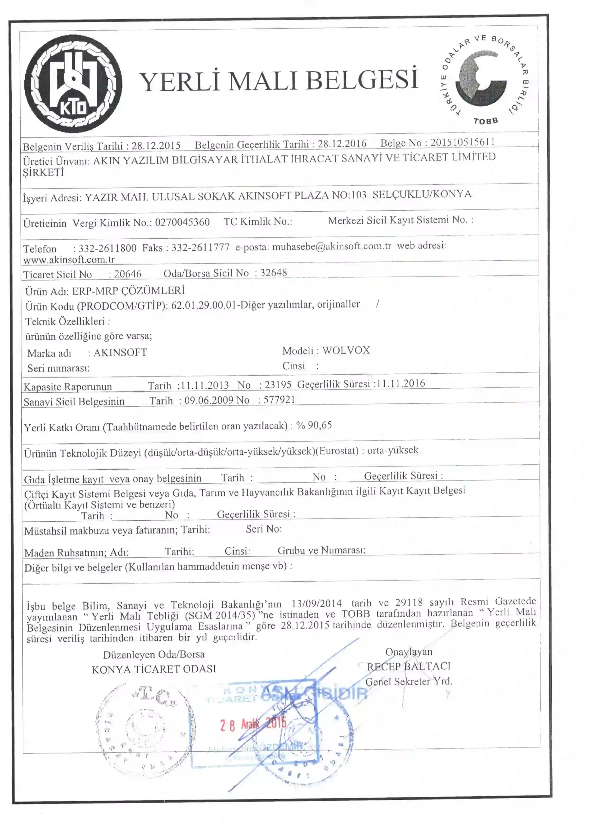 AKINSOFT Domestic Goods Registration Certificate