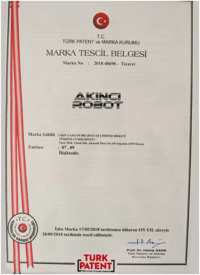 AKINCI RobotTrademark Registration Certificate