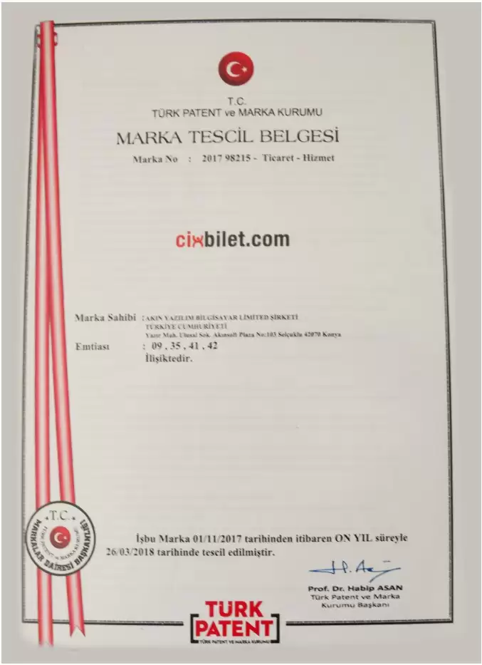 CİXBİLETMarka Tescil Belgesi