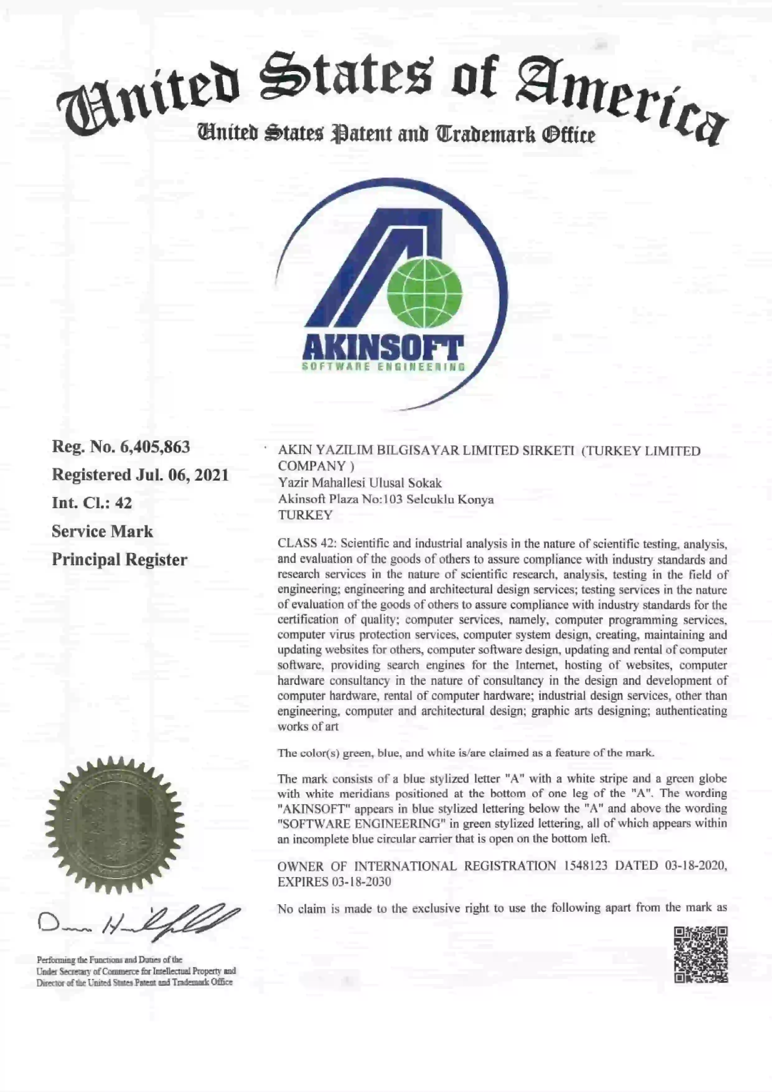 AKINSOFT USATrademark Registration Certificate
