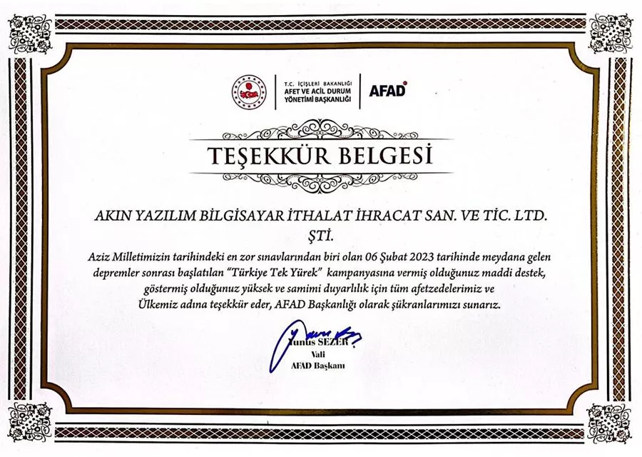 AFADdan AKINSOFTa Teşekkür Belgesi